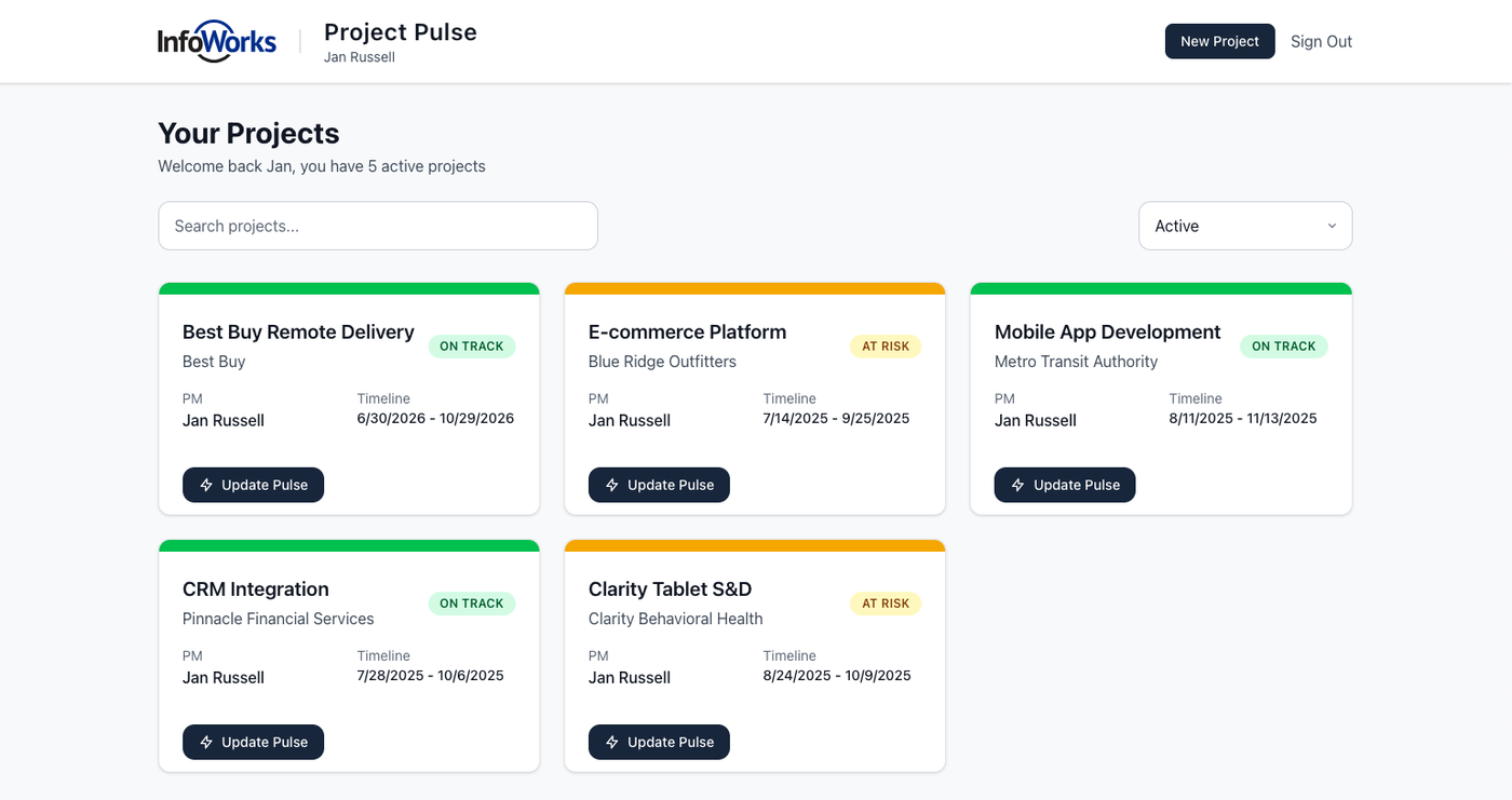 Project Pulse PM dashboard — a grid of project cards with status and a one-click pulse update